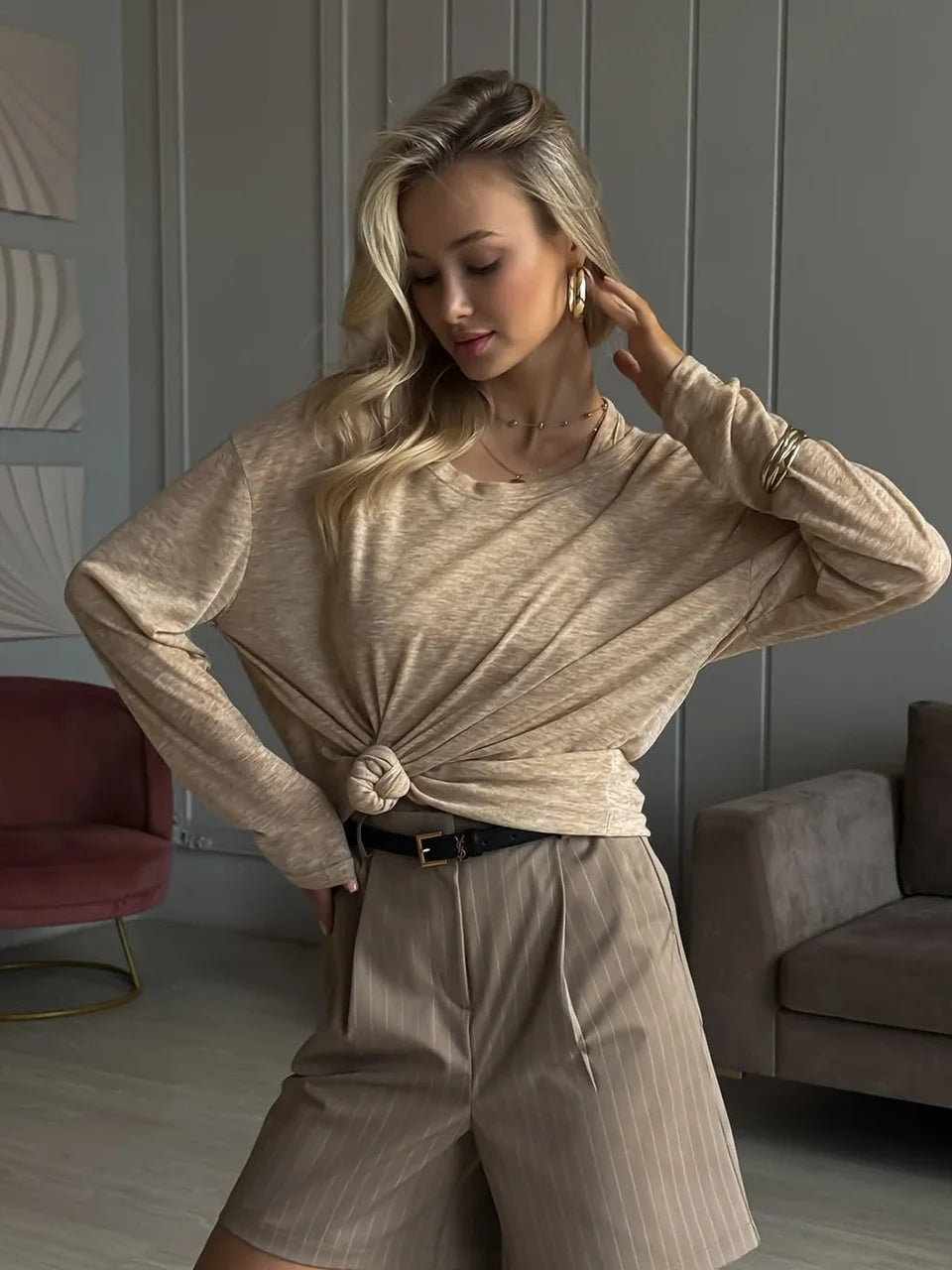 חולצת בייסיק ארוכה דמוי פשתן - נועם